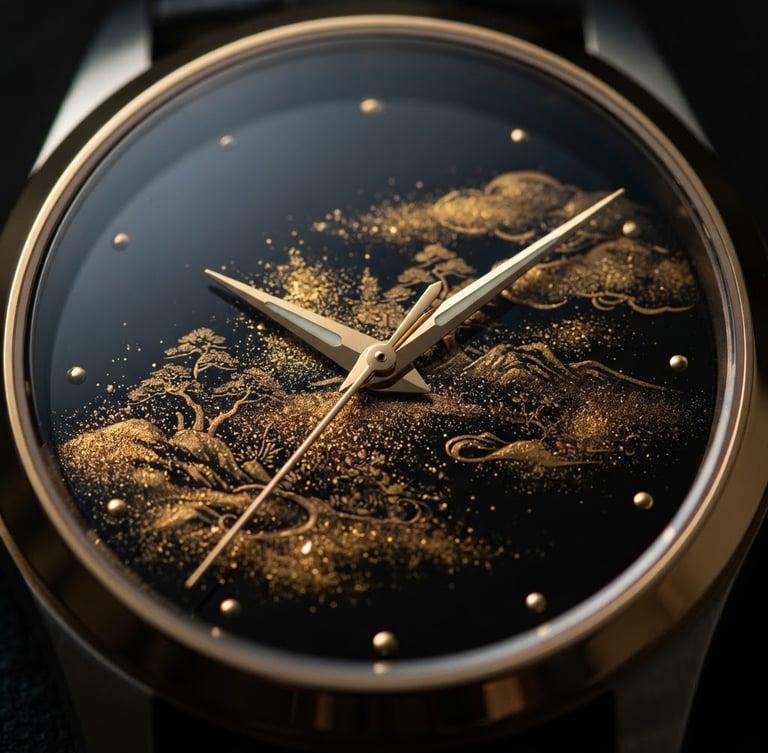 Macro shot of a Wancher watch dial with deep black Urushi lacquer, gold Maki-e dust details glinting under soft side lighting, shallow depth of field, 35mm