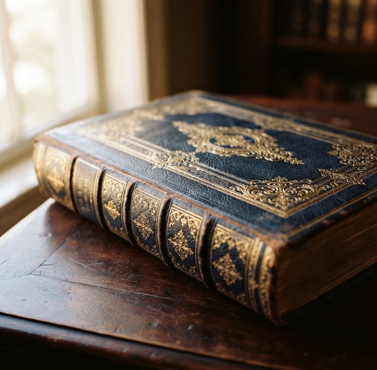 Close-up of a luxurious, leather-bound volume with gold embossed lettering, resting on a dark mahogany desk under soft window light, shallow depth of field.