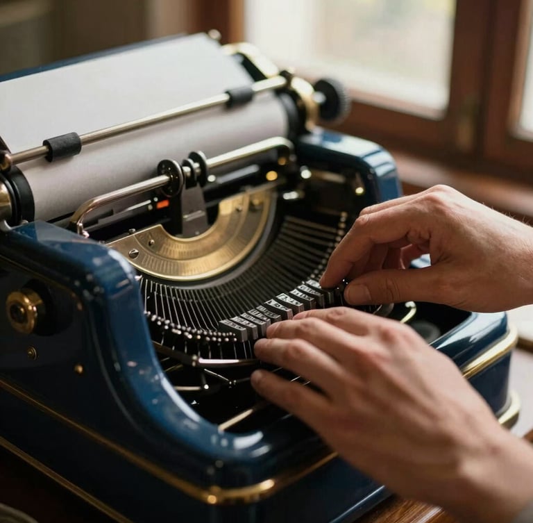 A close-up of an antique letterpress machine, hands carefully setting lead type, warm chiaroscuro window light, rich navy and antique gold tones, shallow depth of field, 35mm.