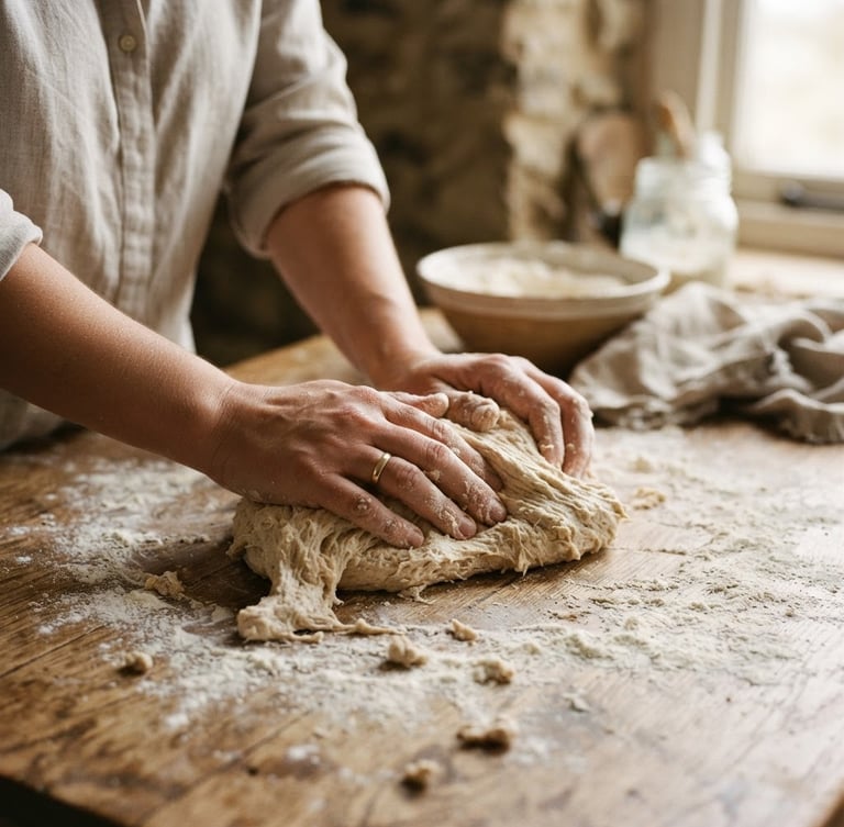 Intimate close-up of hands kneading sourdough on a flour-dusted wooden table, warm natural window light, rustic kitchen setting, warm editorial photography, 35mm