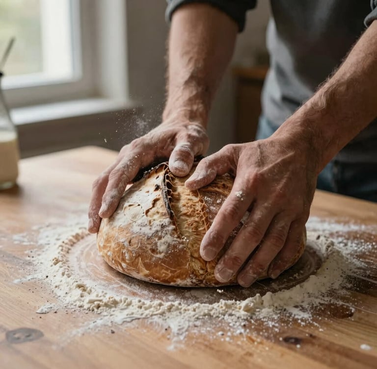 Hands kneading rustic sourdough on a heavy wooden table, flour dusting the air, warm side light from a kitchen window, tactile grain, shallow depth of field, 35mm.