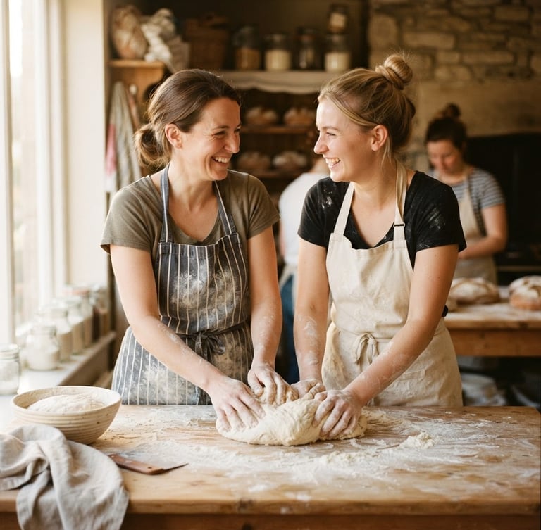 Candid medium shot of two smiling volunteers in flour-dusted aprons kneading sourdough together at a rustic wooden table, warm golden window light, shallow depth of field, 35mm photography