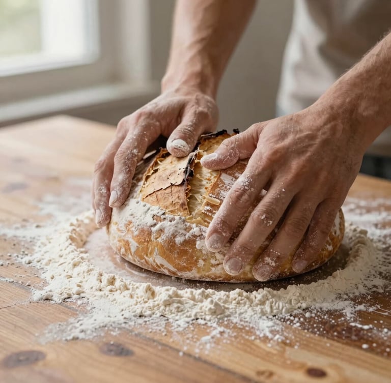 Close-up of hands dusting flour over a rustic wooden table, kneading a large batch of sourdough bread, warm side lighting, shallow depth of field