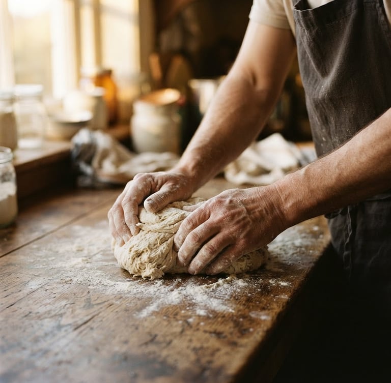 Warm environmental close-up of hands dusted in flour kneading rustic sourdough on a heavy wooden counter, soft golden window light casting long shadows, 35mm photography with shallow depth of field