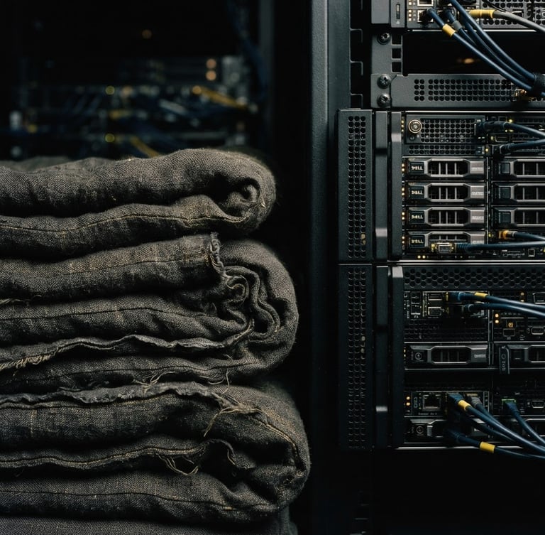 Moody editorial photography, close-up of folded heavy linen textile textures adjacent to a sharp geometric server rack, dramatic dark studio lighting with gold accents, 35mm