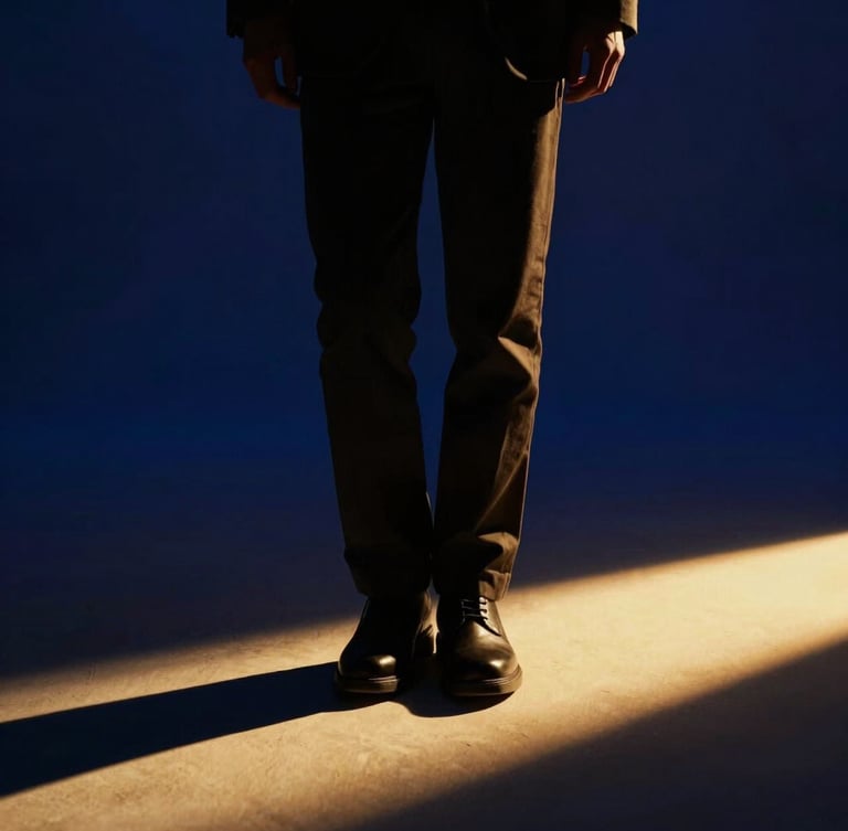 Dramatic cinematic photography of a determined person stepping from deep shadow into a sharp golden shaft of light, deep royal blue background, high-contrast chiaroscuro, 35mm lens