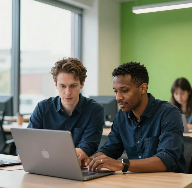 Candid environmental portrait of two diverse Ohio-based founders collaborating in a bright, modern Columbus incubator workspace, focused on a laptop screen, natural window daylight, cool navy and vibrant green accents, shallow depth of field, 35mm lens.