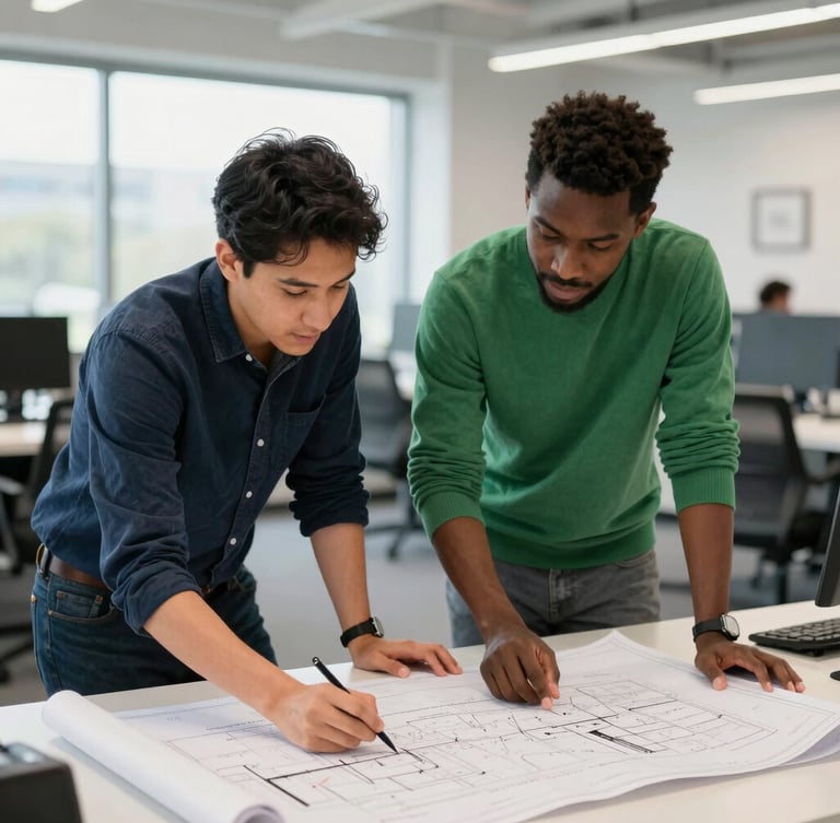 Candid environmental portrait of two diverse founders collaborating over blueprints in a brightly lit, modern Columbus incubator space, natural daylight, 35mm lens.