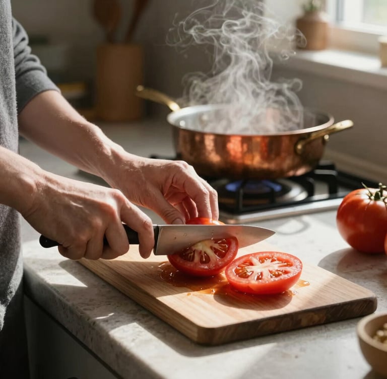 Soft natural side-light on a rustic kitchen counter during 5 PM prep. Hands slicing heirloom tomatoes, steam rising from a copper pan in the background, high-contrast shadows, Scandinavian cozy aesthetic.