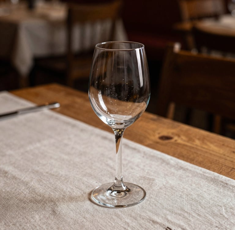 A close-up, side-lit shot of a rustic, Scandinavian-style restaurant dining table, an empty wine glass casting soft shadows on a linen tablecloth, warm wooden tones.