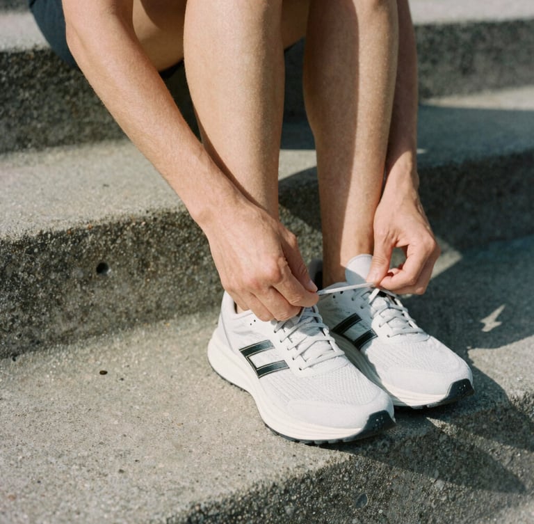 Tight, high-contrast crop of an active professional tying minimalist running shoes on a raw concrete step, natural morning light, medium-format film aesthetic.