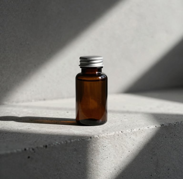 Sleek dark glass supplement bottle on a raw concrete ledge, sharp morning side-light casting deep architectural shadows, minimalist composition