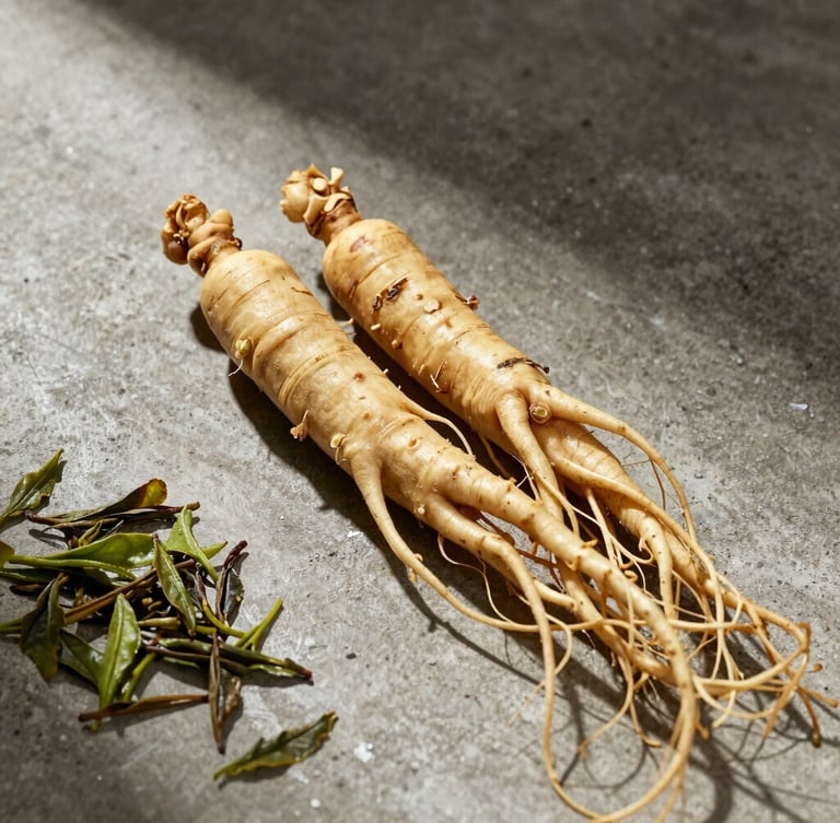 A close-up, medium-format shot of raw ginseng roots and green tea leaves on a rough concrete surface, natural high-contrast side-lighting with deep shadows.