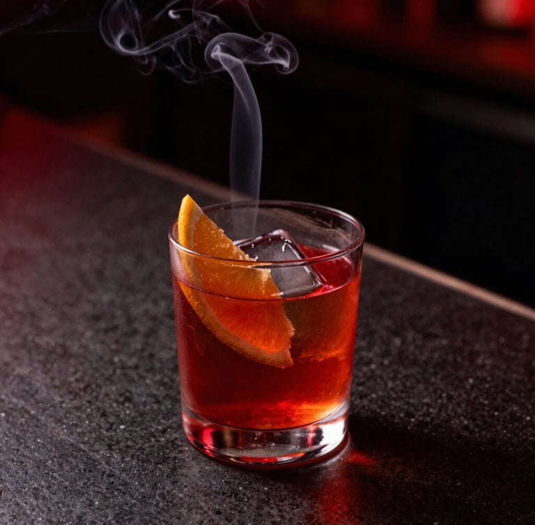 Close-up of a smoking Negroni cocktail on a dark stone counter, dramatic red neon highlight, high contrast, 35mm lens