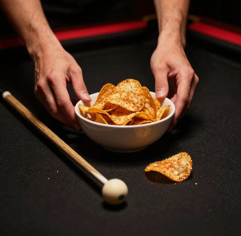 Macro shot of hands placing a bowl of premium seasoned chips next to a pool cue on black felt, warm low-key ambient light