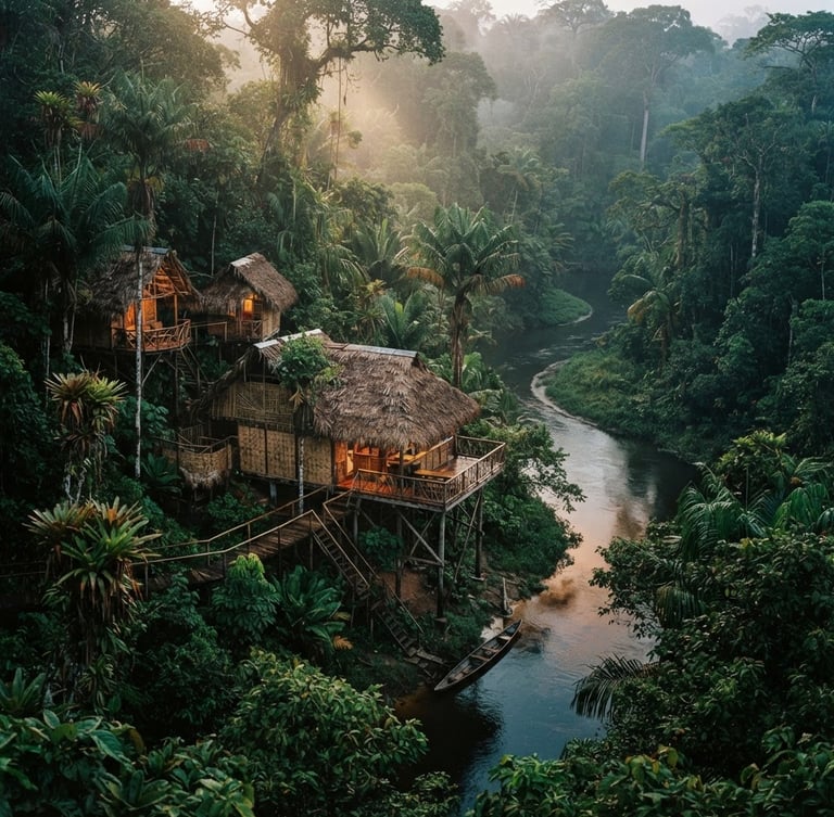 Portrait of a rustic wooden lodge nestled deep in the Peruvian Amazon canopy, overlooking a winding river tributary at dawn, dappled rainforest sunlight, 35mm lens, moody documentary photography.