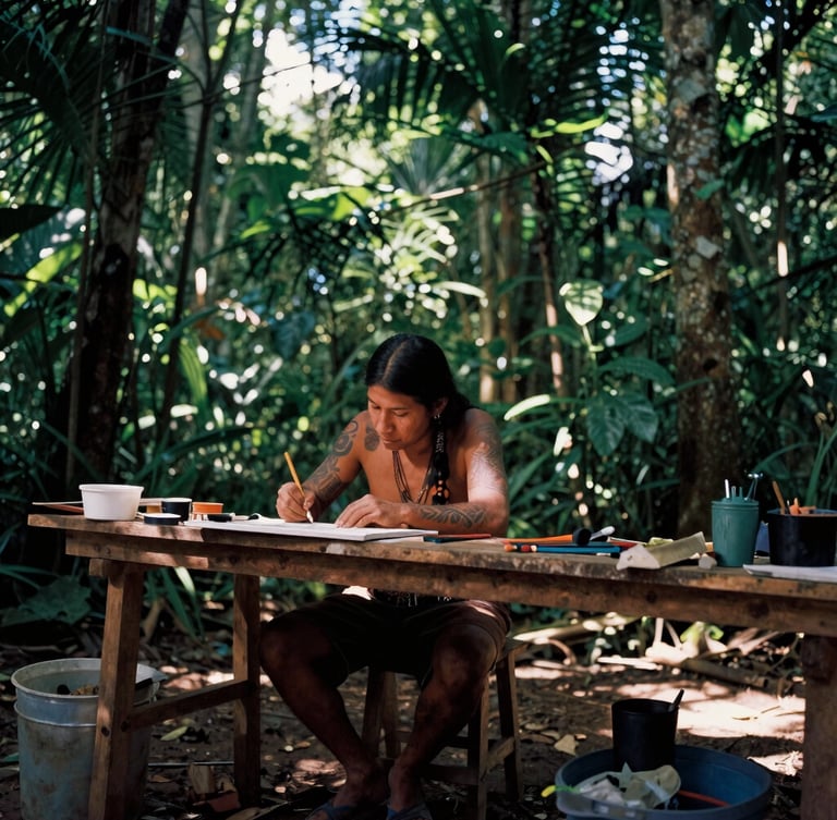 Portrait of a local Amazonian artist, possibly a painter or tattoo artist, working in a raw wooden studio, dappled canopy sunlight, immersive wide-angle environmental shot, moody documentary photography.