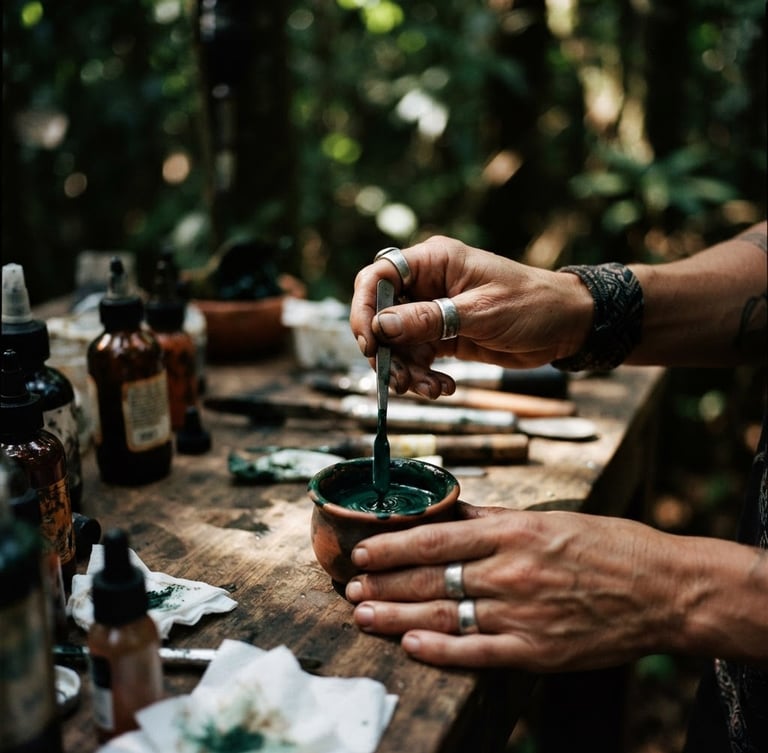 Artistic close-up of a tattoo artist's hands mixing deep green ink with water, dappled sunlight filtering through a dense jungle canopy, moody documentary photography, terracotta tones in background.