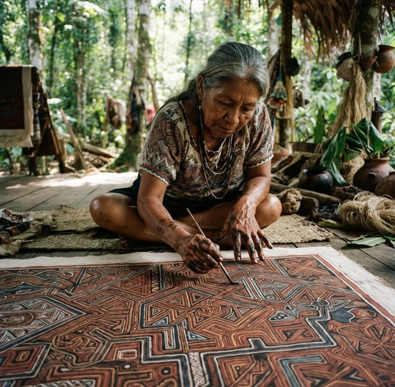 A local Shipibo artist, hands covered in paint, focused on a large canvas depicting ayahuasca visions, dappled rainforest sunlight filtering through the canopy, moody documentary photography.