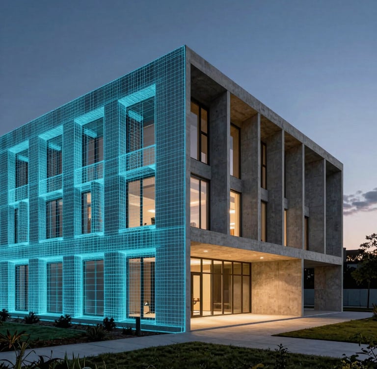 Ultra-wide architectural render of a modern concrete building structure, showing a split-screen transition from a glowing cyan BIM wireframe on the left to a photorealistic twilight exterior on the right, high-contrast lighting.