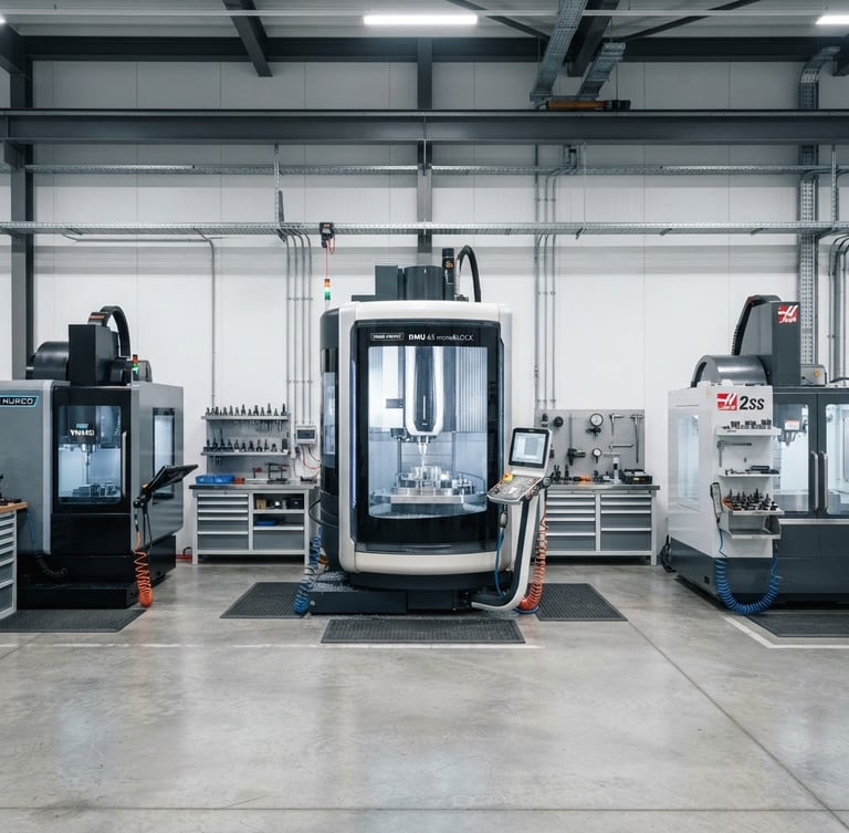 Straight-on flat-perspective architectural elevation of a pristine, high-tech CNC milling workshop, bright even studio lighting, cool industrial tones, sharp focus.