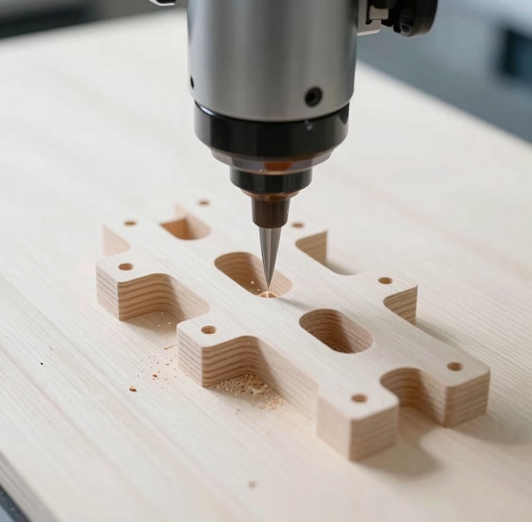Close-up of a high-speed CNC milling head carving intricate interlocking joints into a sheet of pale birch plywood, sharp focus, cool workshop light, flying wood particles.