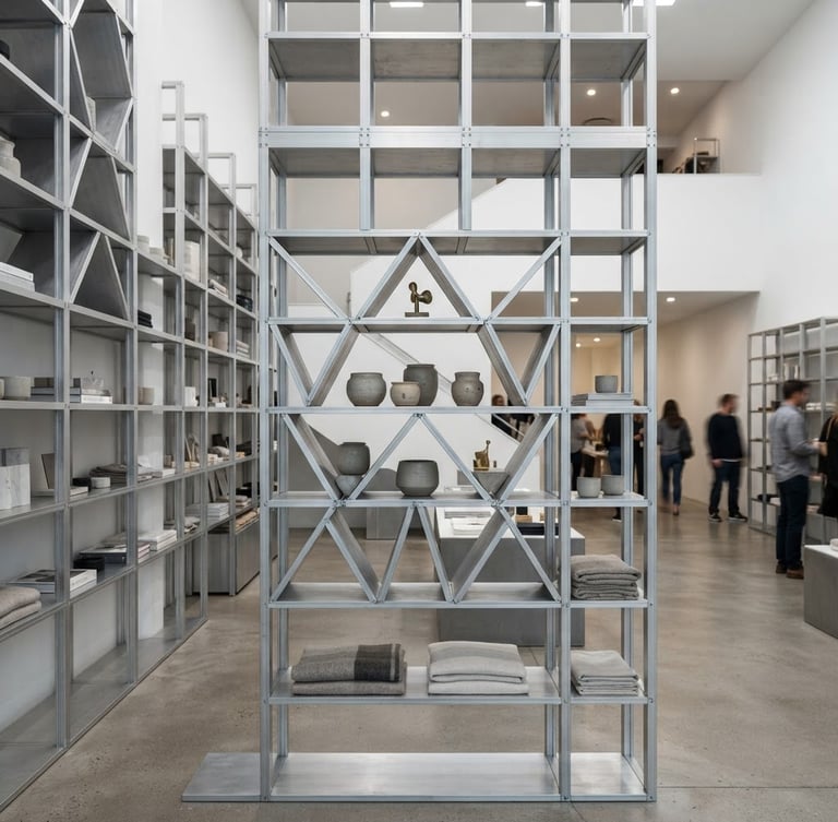 Portrait architectural photography of a modern retail interior featuring interlocking modular shelving, bright even studio lighting, cool aluminum tones, sharp focus, 35mm lens.