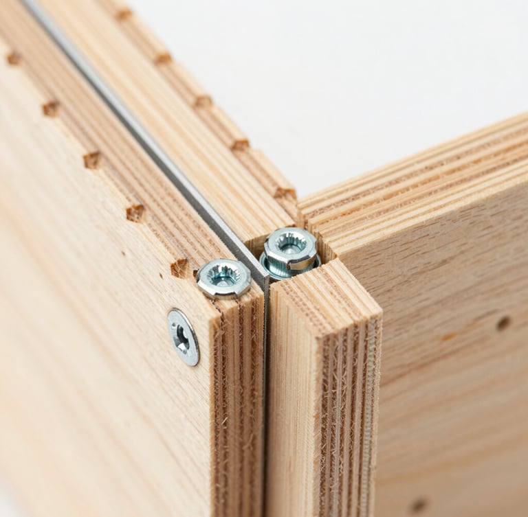 Macro detail shot of a pre-indexed interlocking plywood joint sliding together perfectly, clean edges, raw aluminum fasteners visible, bright even studio lighting.