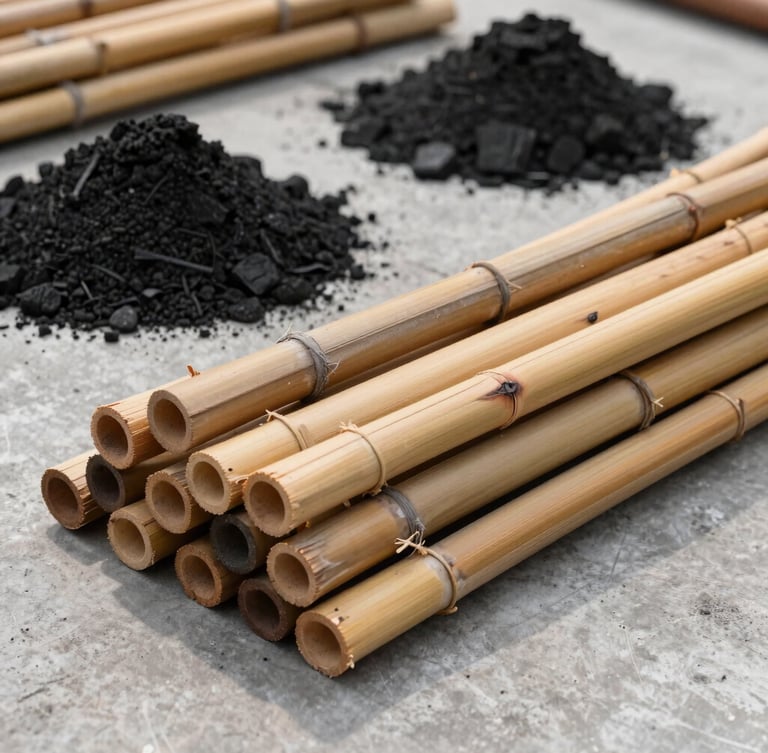 Bright daylight close-up shot of bundled natural China bamboo sticks and raw charcoal powder piles on a clean industrial concrete floor.
