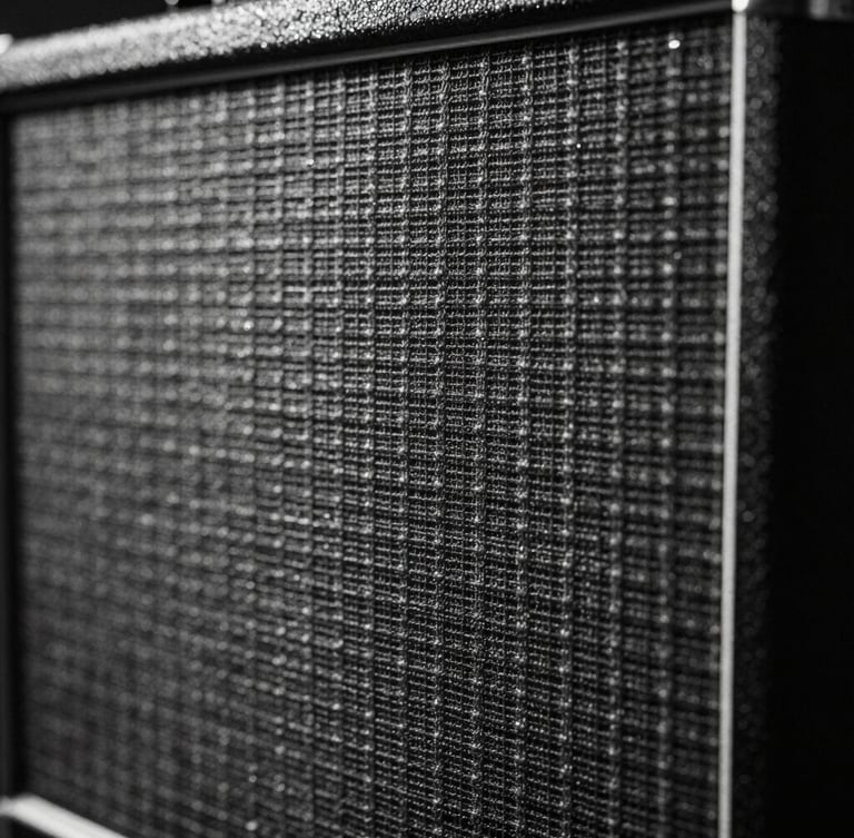 Gritty monochrome close-up of a guitar amplifier grille, metallic texture, high contrast, heavy shadows, sharp 35mm film grain
