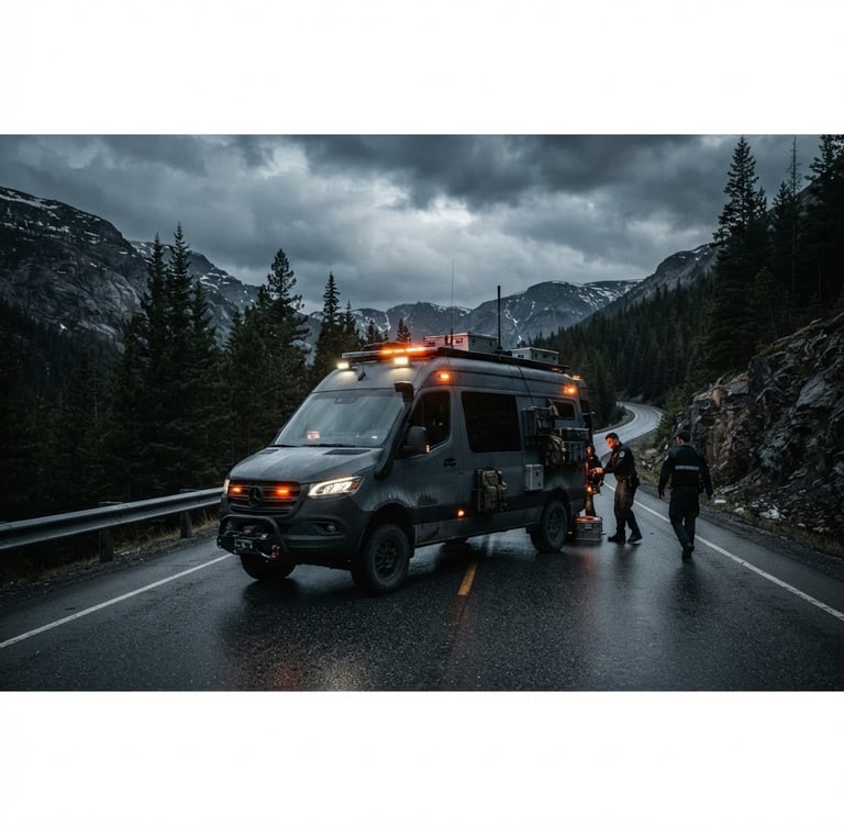 Wide panoramic shot of a specialized emergency response vehicle, dark grey, parked on an asphalt road at dusk, emergency lights subtly flashing, high-contrast, dramatic overcast daylight, 35mm lens