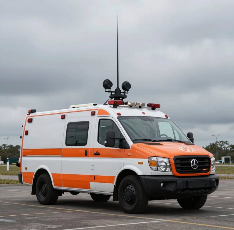 Wide environmental shot of a specialized emergency response vehicle with its communications array deployed, dramatic overcast daylight, muted tactical tones with sharp orange accents, 35mm lens