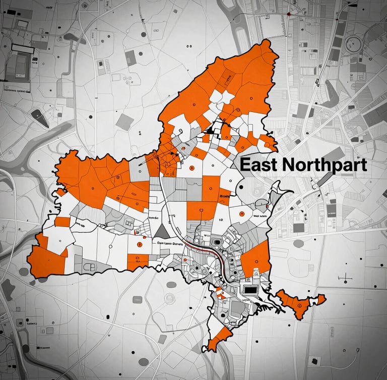 High-contrast map highlighting the regional service area around East Northport, NY, with a tactical overlay, muted tones, 35mm lens