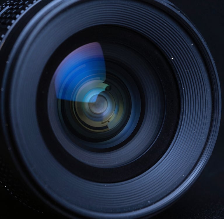 Macro shot of a high-end camera lens showing intricate reflections of electric blue studio light, dark metallic textures, 35mm