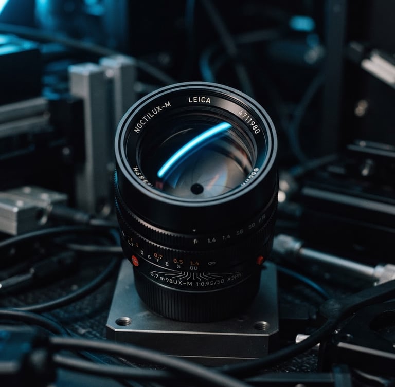 High-contrast studio photography of a high-end camera lens reflecting electric blue neon light, sharp focus, dark technical background, 35mm