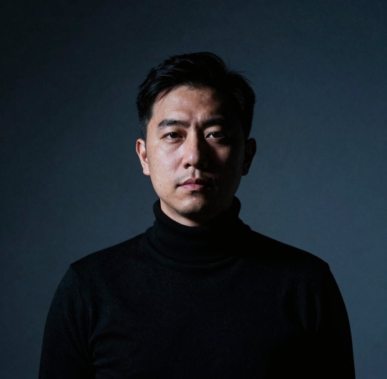 High-contrast studio portrait of a creative director in a black turtleneck, deep shadows, dramatic rim lighting, cool-toned ambient light, 35mm