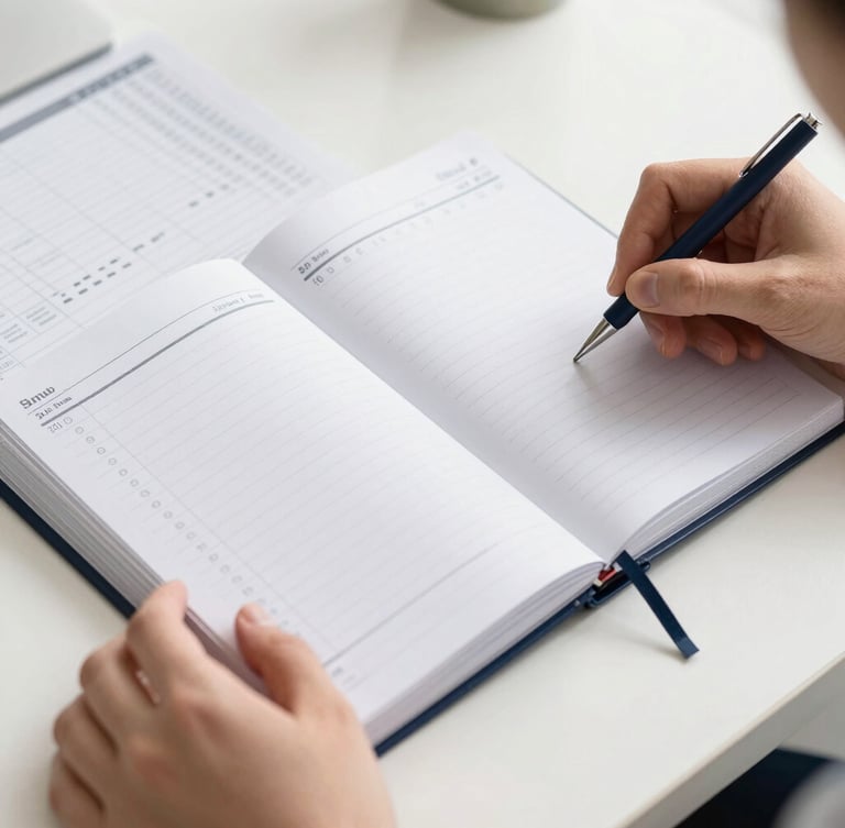Close-up shot of hands organizing a physical planner and budget sheet on a clean white desk, bright natural daylight, sharp focus, 35mm