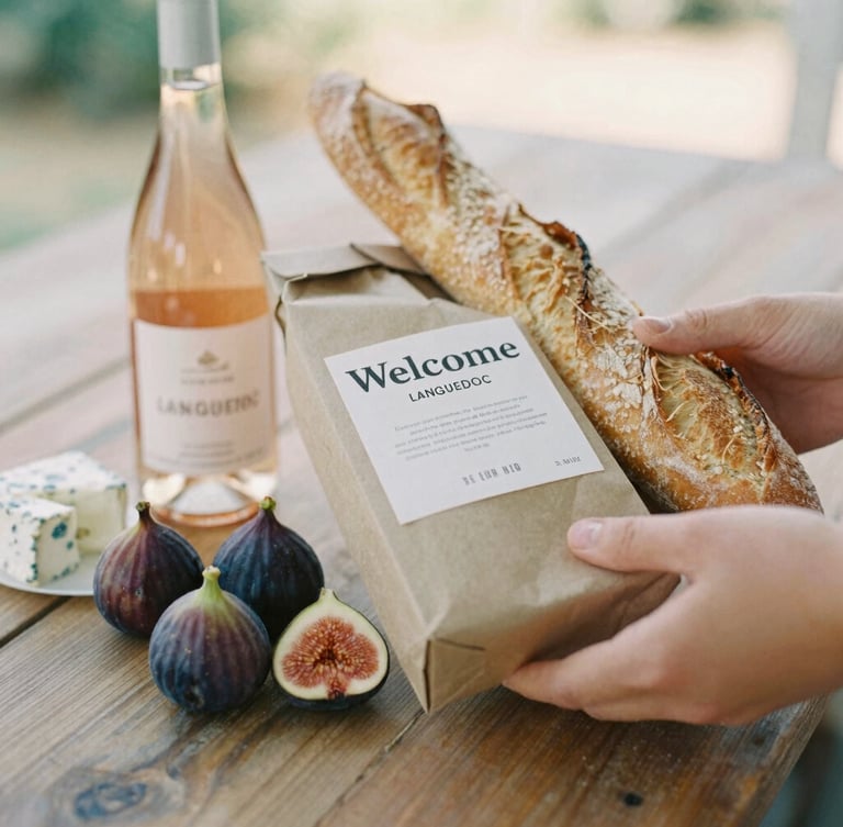 Close-up of a hand-delivered welcome package on a rustic wooden table, featuring fresh figs, local goat cheese, a bottle of crisp Languedoc rosé, and crusty baguette, warm side lighting