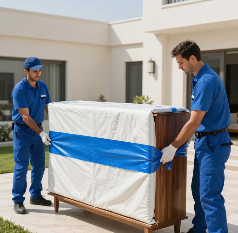 Movers in clean blue uniforms carefully wrapping a wooden cabinet with heavy-duty protective blankets and blue stretch film in a bright Dubai villa, sharp focus, 35mm lens