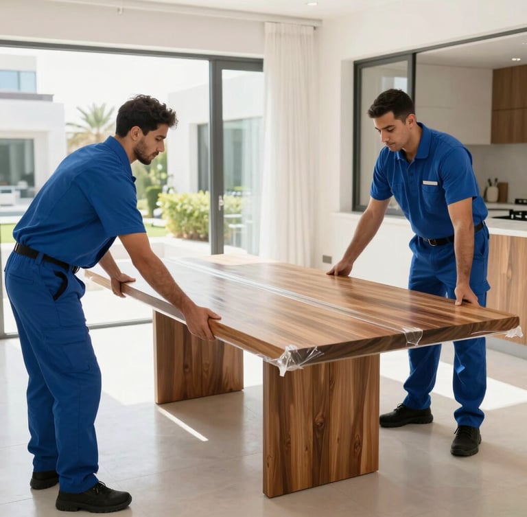 Movers in crisp blue uniforms carefully securing a solid wood dining table with protective wrap inside a bright Dubai villa, 35mm lens, natural light.