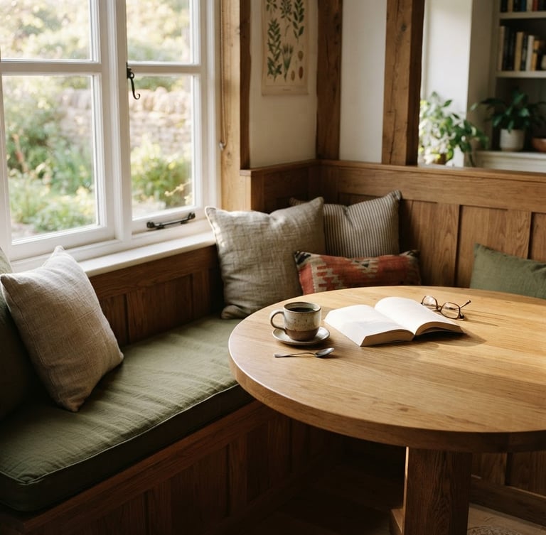 Warm editorial photography, natural afternoon window light, rich timber tones, soft shadows, medium-wide environmental shot of a corner breakfast nook with olive green cushions, styled with coffee cups and a book, bleeding to the right edge of the frame.