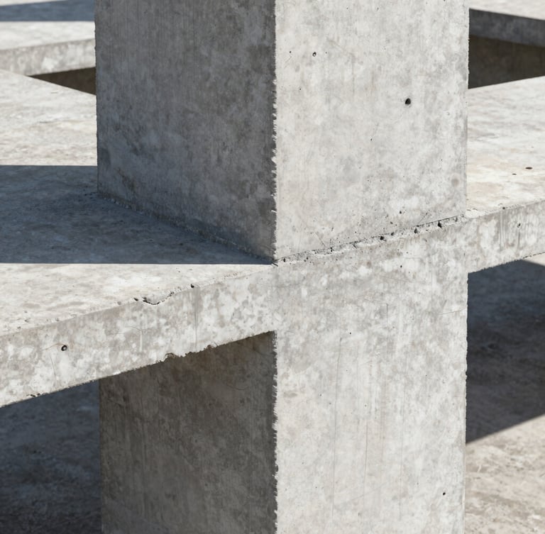 Crisp architectural close-up of a freshly poured concrete column joint with exposed steel reinforcement, harsh directional sunlight highlighting the heavy industrial texture.