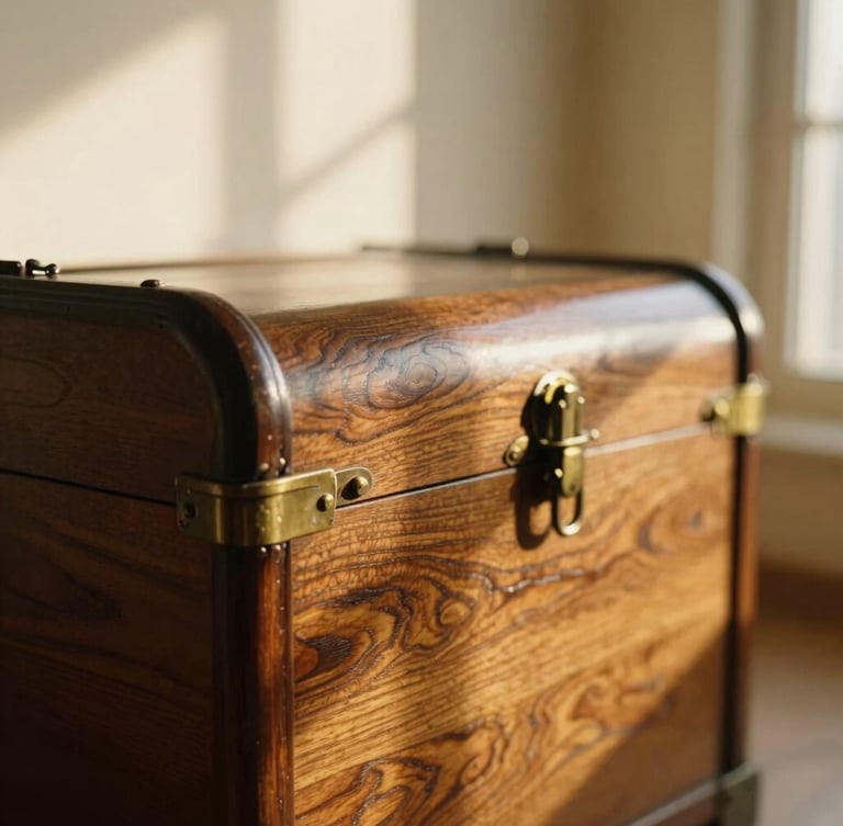 Close-up of an antique hand-carved wooden chest with rich grain and brass fittings, bathed in warm golden-hour window light, soft shadows, shallow depth of field, 35mm photography