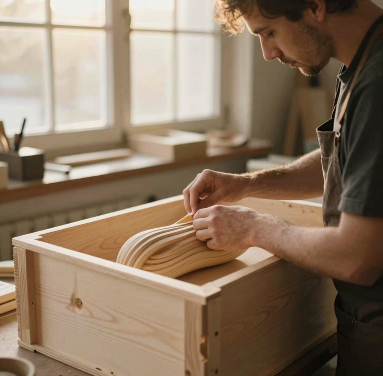 A craftsman carefully wrapping a hand-carved wooden artifact inside a custom wooden shipping crate, soft workshop lighting, 35mm