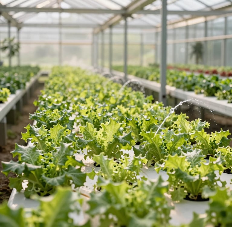 Góc rộng nhà kính hiện đại tại Tiên Lữ ngập tràn ánh nắng ban mai, những luống rau thủy canh xanh mướt trải dài thẳng tắp, hệ thống tưới tự động mờ ảo phía sau.