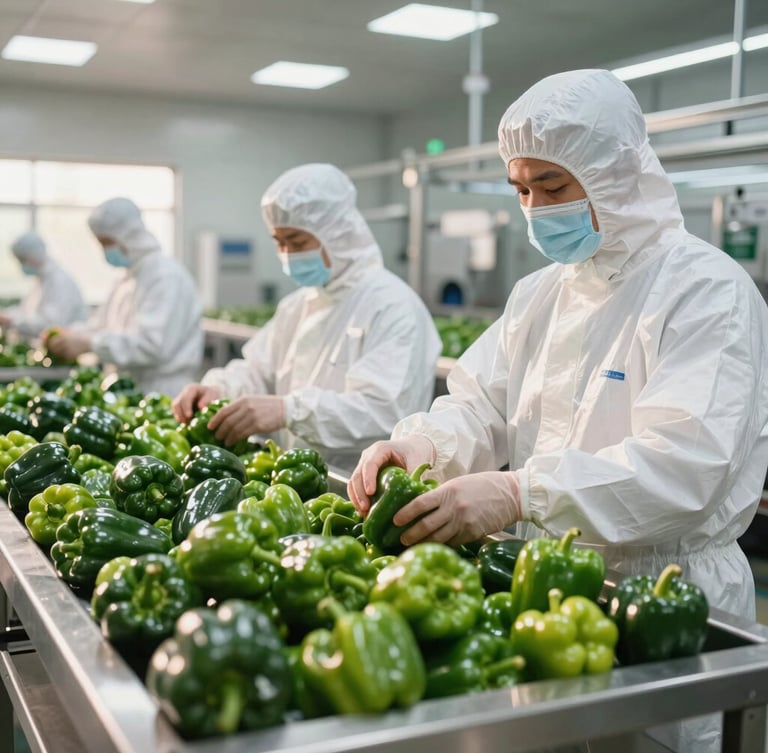 Crisp portrait shot of a modern clean agricultural packaging facility, staff in white protective gear sorting vibrant green peppers under bright morning light, stainless steel surfaces.