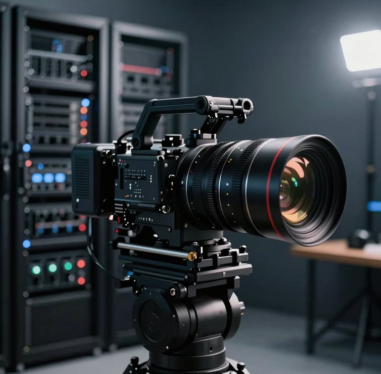 Cinematic editorial photography of a high-end creative studio, anamorphic lens flare, cool tech tones, deep shadows, professional camera rig in foreground, blurred server racks in background.