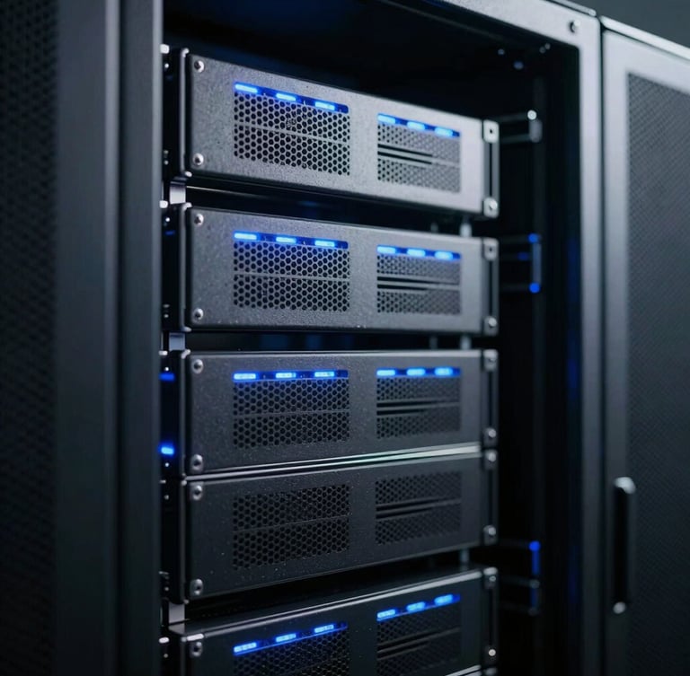 Tight macro shot of clean enterprise server racks with cool blue led highlights, deep shadows, cinematic editorial photography, 35mm anamorphic lens