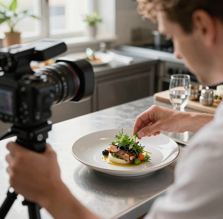 Over-the-shoulder shot of a camera setup in a bright Scandinavian-style restaurant kitchen, focusing on a chef plating fresh herbs on a dish, natural morning light.