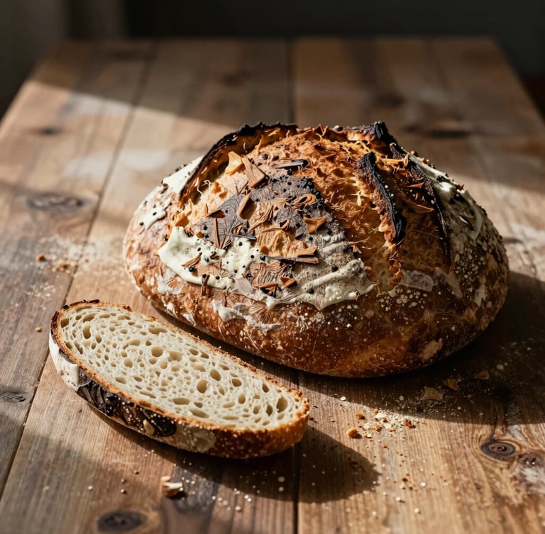 Tactile portrait shot of fresh sourdough bread being sliced on a rustic wooden table, soft Scandinavian daylight, crumbs scattered, high-contrast shadows.
